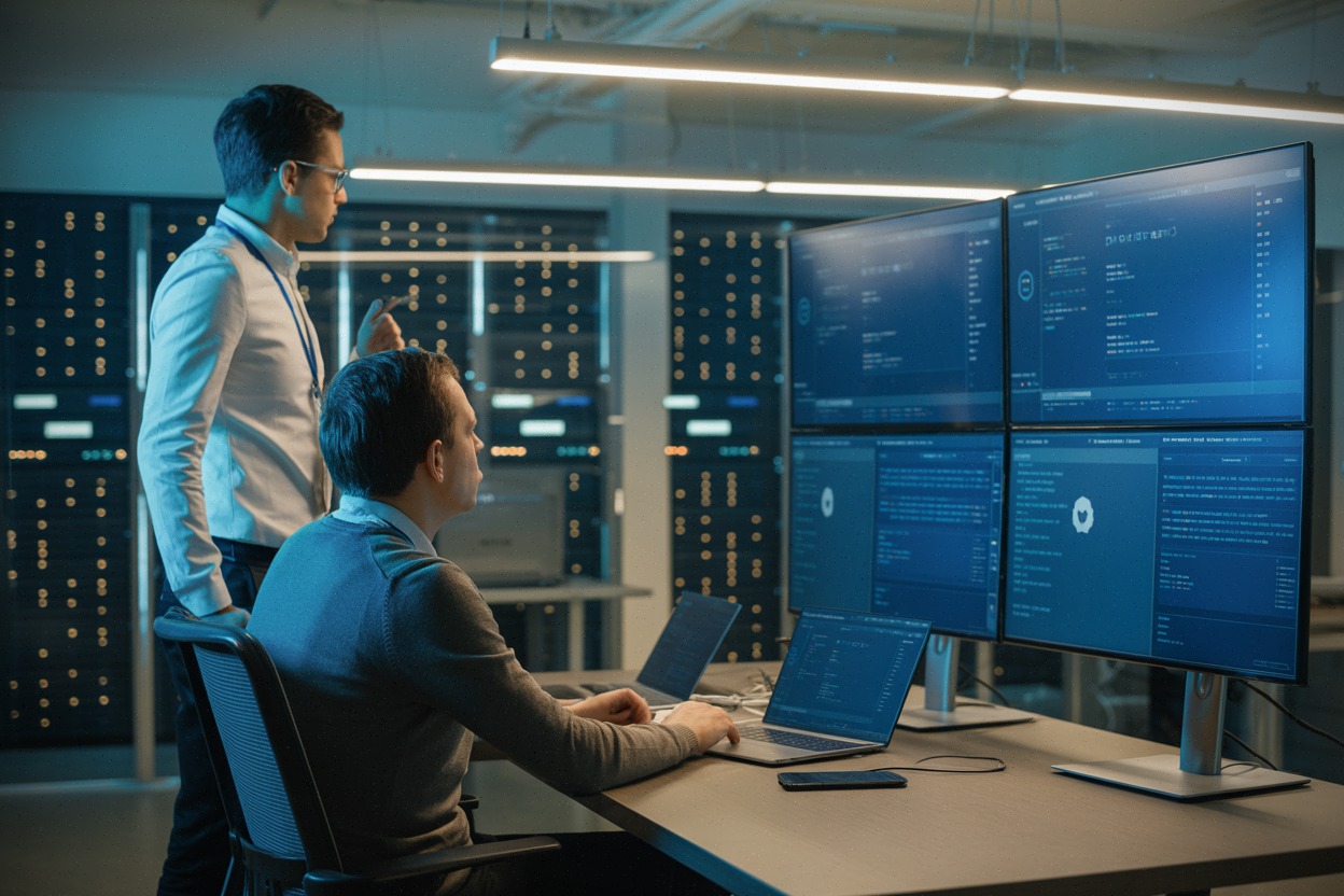 Analystes surveillant des failles de sécurité dans un centre cloud Microsoft
