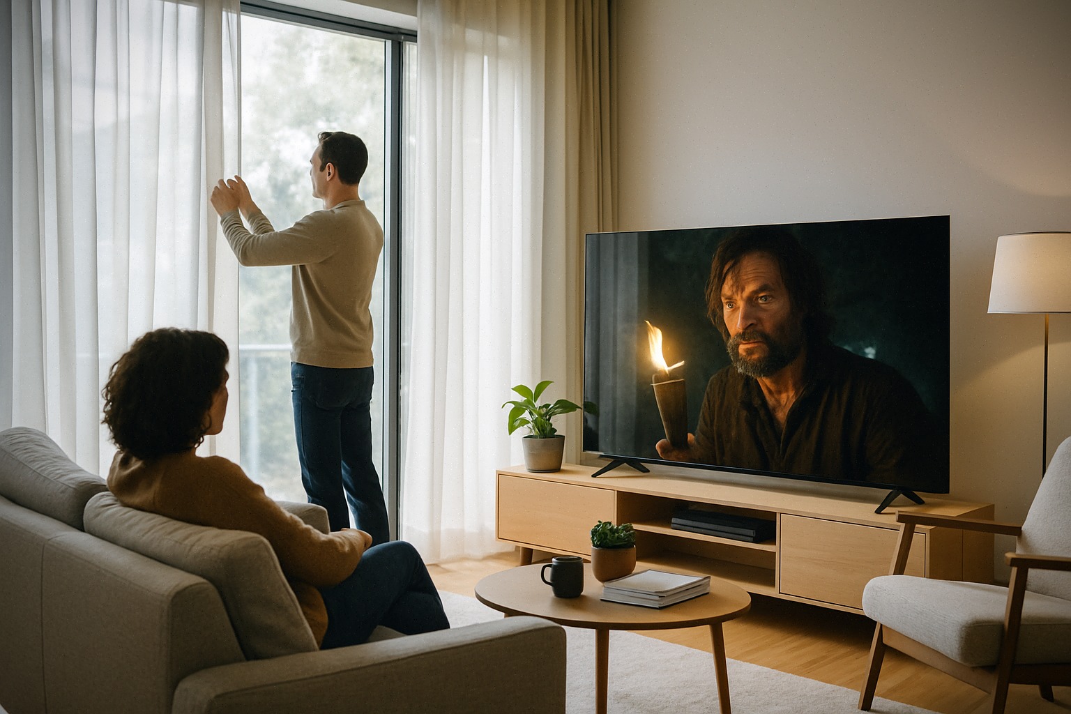 Téléviseur Mini-LED dans un salon lumineux avec grandes fenêtres