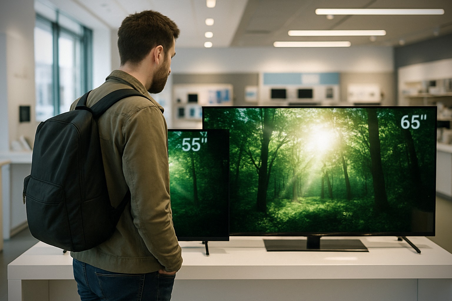 Acheteur comparant des TV OLED et Mini LED en magasin