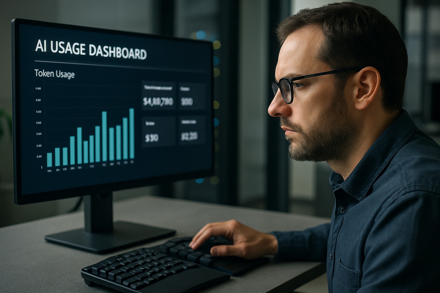 Ingénieur analysant les volumes de tokens IA sur un tableau de bord