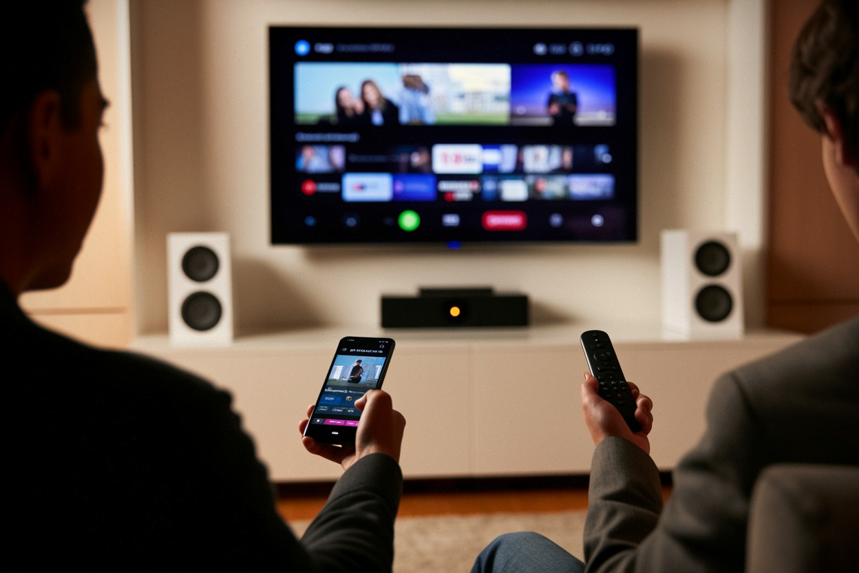 Interface Google TV floutée avec smartphone dans un salon connecté