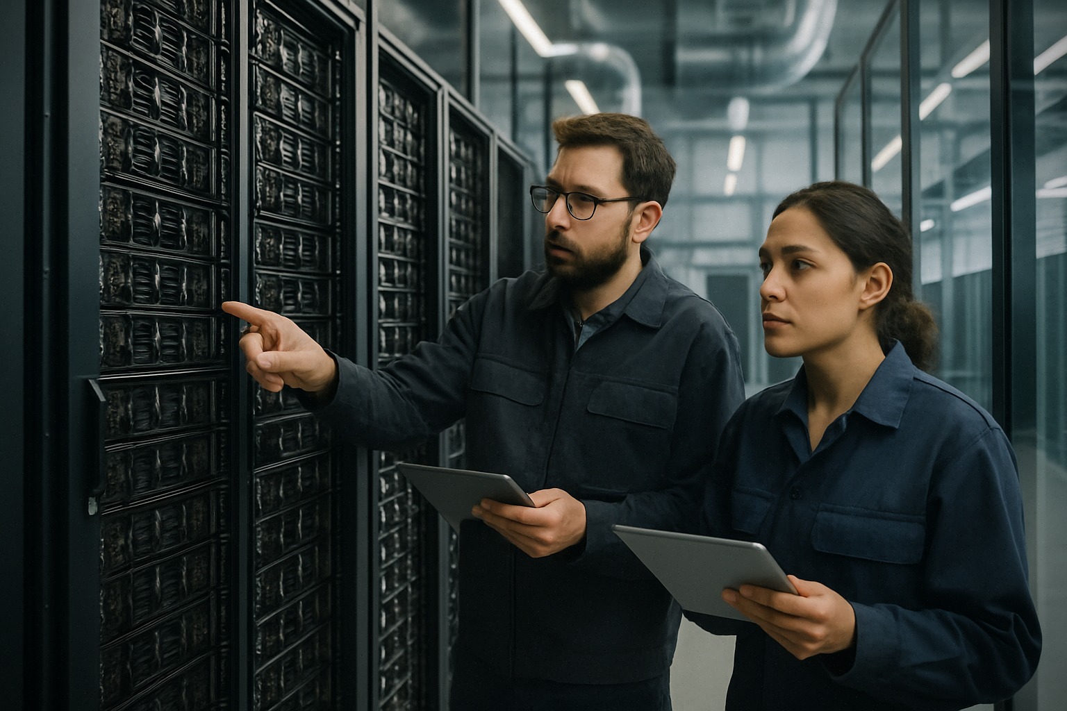 Techniciens vérifiant des racks GPU dans un centre de données IA