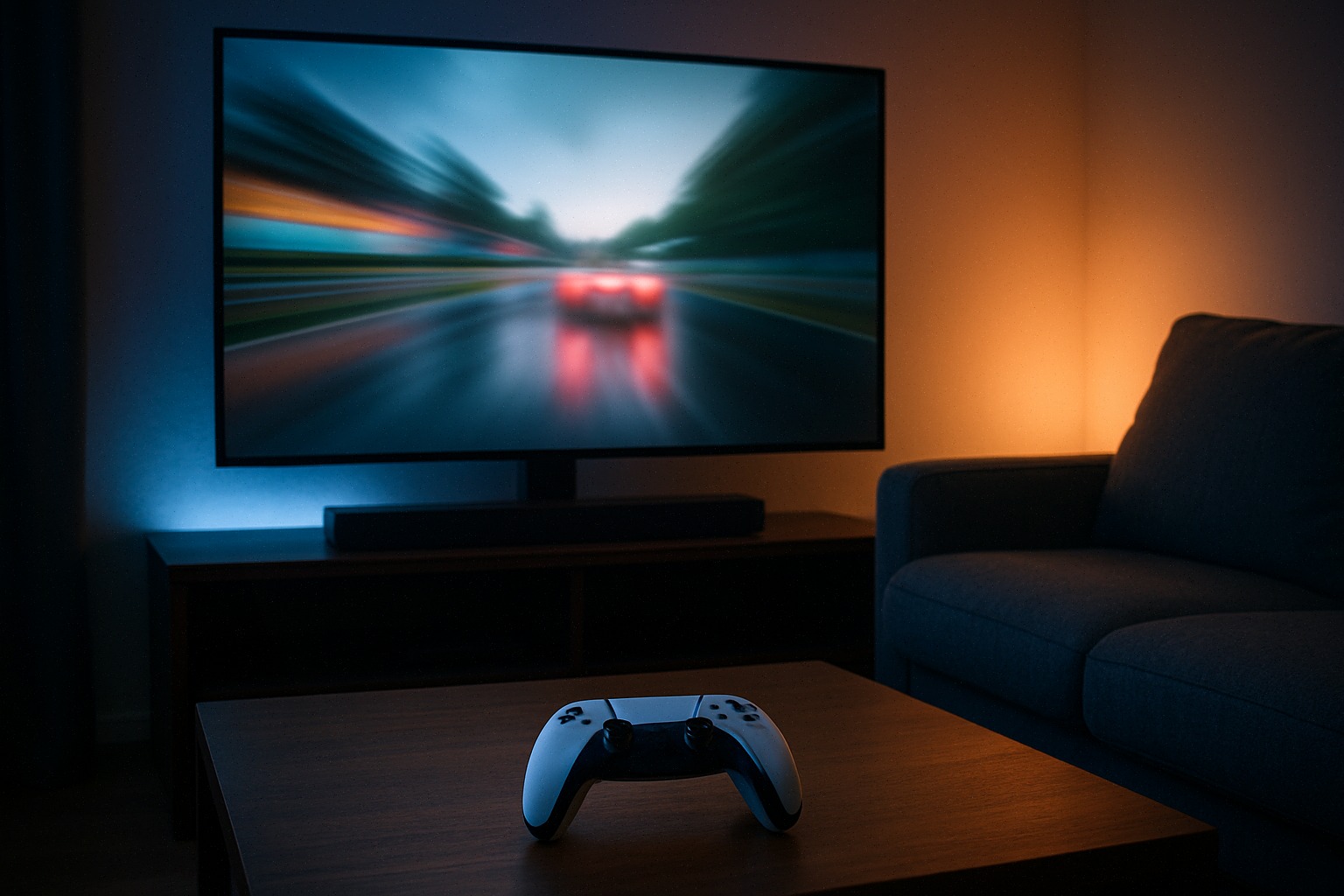Téléviseur 4K gaming avec console et barre de son moderne