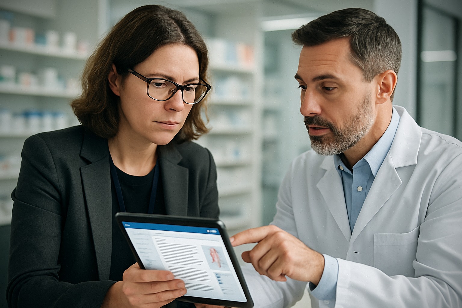 Pharmacien consultant une ressource médicale numérique en espace clinique moderne