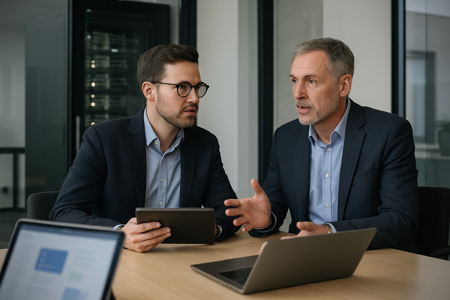 Responsables informatiques comparant des fournisseurs IA en salle de réunion