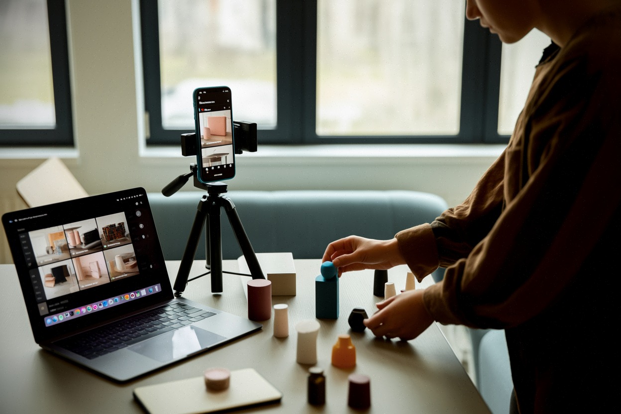 Créateur utilisant un outil IA pour préparer des visuels Instagram