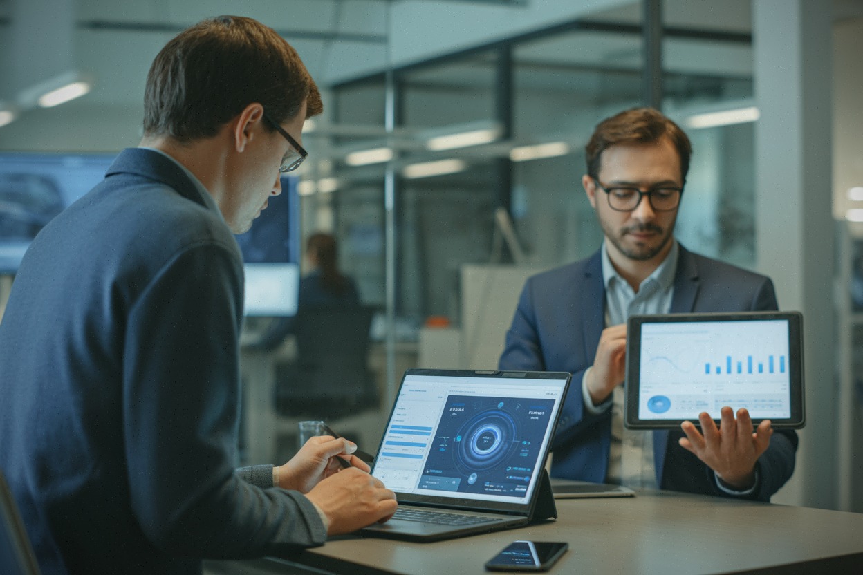 Ingénieurs testant un outil IA dans un bureau technologique moderne