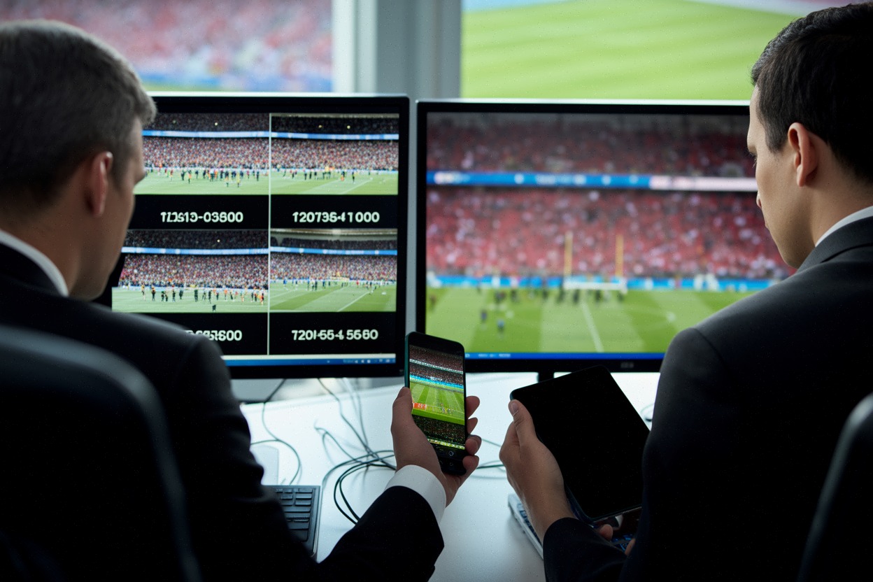 Cellule de vérification analysant des vidéos de supporters en stade