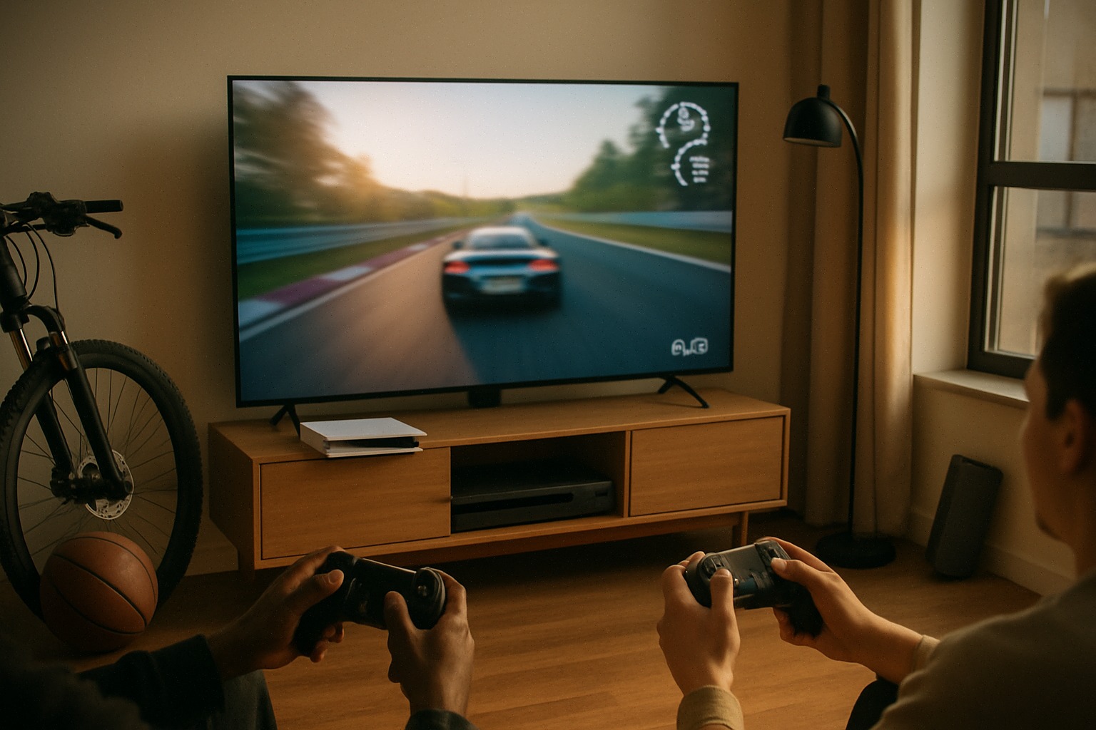 Téléviseur QLED utilisé pour le jeu vidéo dans un salon moderne